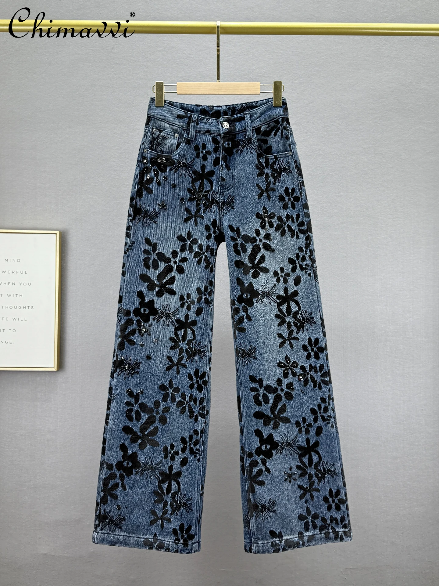 

Fashion Fleece-Lined Denim Wide-Leg Pants Women Winter High-Waisted Loose Slim Retro Embroidered Rhinestone Floor-Length Pants