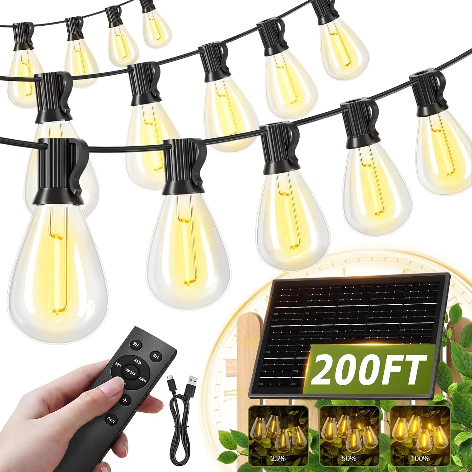 

200FT Solar String Lights Outdoor Waterproof 72+2 LED Bulbs, Remote & USB, 3 Modes Dimmable for Patio Garden Party