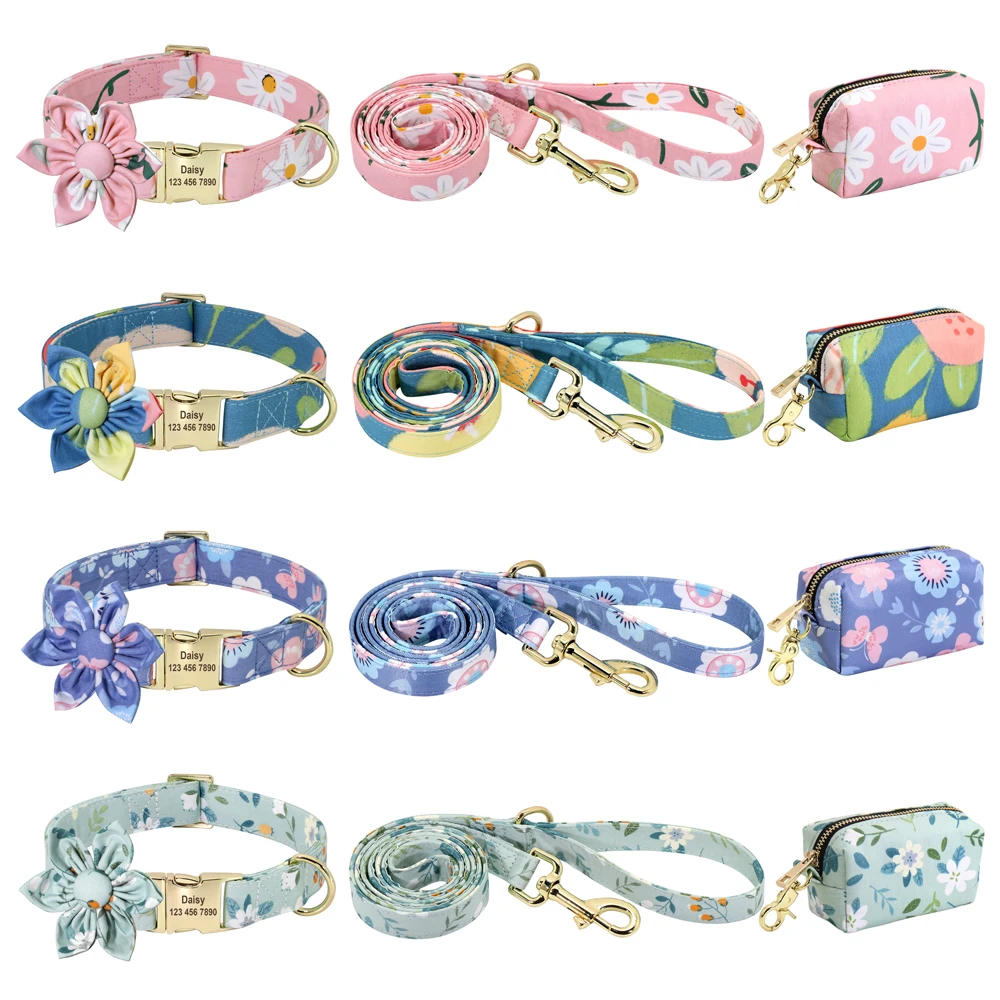 Personalized Dog Collar Leash Poop Bag Set Nylon Custom ID Name Tag Collars With Floral Accessories For Small Medium Large Dogs