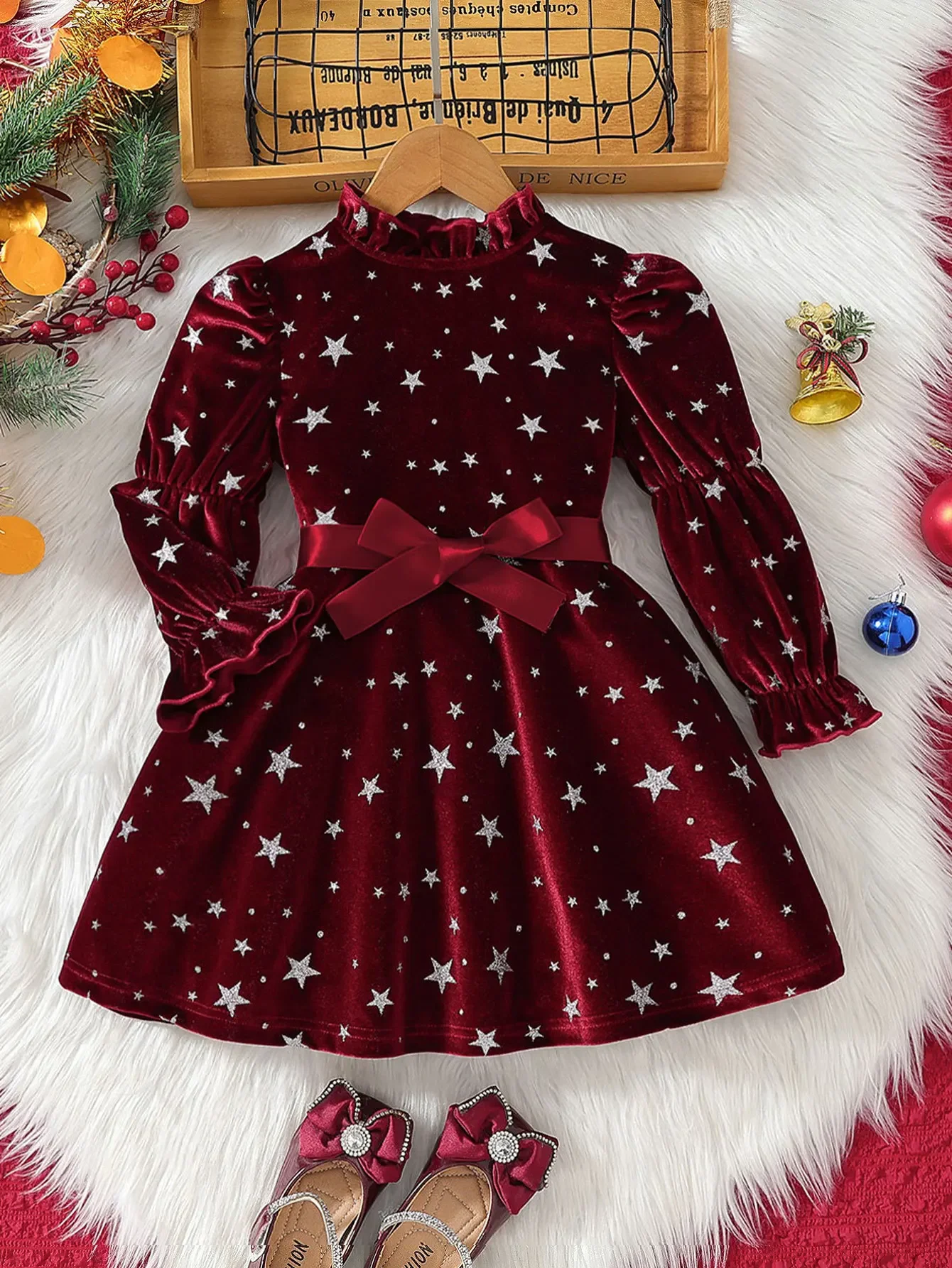 

2025 Girl Clothes Christmas Dress Star Print Velvet Long Sleeve Dress with Bowknot 3-6Y New Year Festive Party Princess Dress