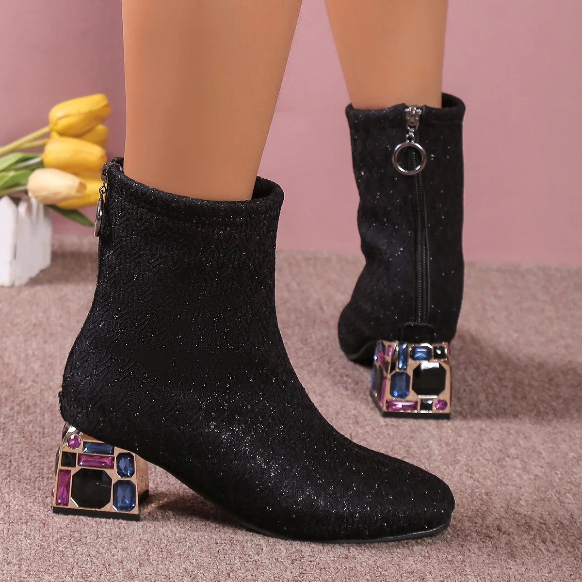 New Autumn/Winter Fashion Boots Women Square Head Short Boots Female Thick Heels Sequin Elastic Back Zip High Heeled Shoes 35-43