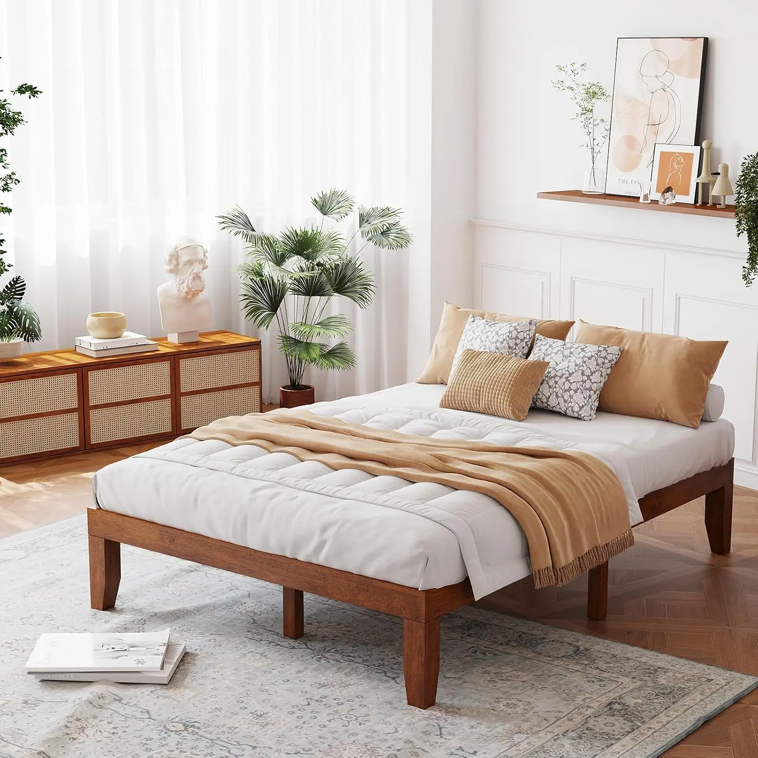 14 Inch Full Platform Bed Frame, Minimalist Style Mattress Foundation with Solid Rubber Wood, Customized