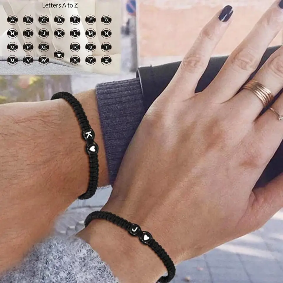 Pulsera de corazón tejida a mano con letras A-Z, cuerda trenzada, ajustable, para parejas y amigos