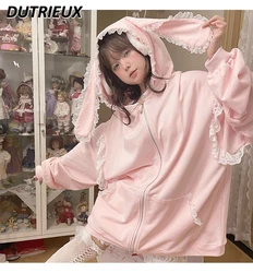 Sweet Girl Rabbit Ears Lace Hoodie Coat Female 2024 Spring Autumn New Long-Sleeved Pink Zipper Cardigan Outerwear Sweatshirt