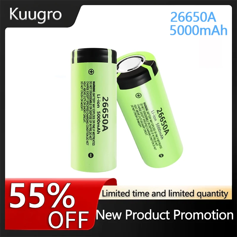 

Kuugro Original high quality 26650 battery 5000mAh 3.7V 50A lithium ion rechargeable battery for 26650A LED flashlight+charger