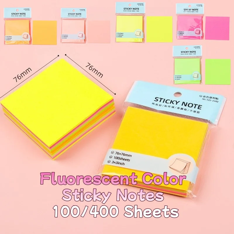 Fluorescent Color Sticky Notes 100/400 Sheets, Cute Self-Adhesive Memo Pads for Elementary School Learning & Stationery