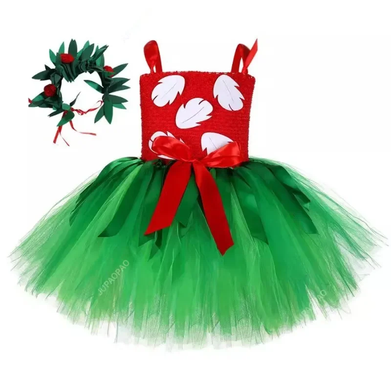 

Tutu Dreams Summer Hawaiian Red Green Tutu Dress for Girls 1-12Y with Tropical Fern Leaf Headband Birthday Party Gifts