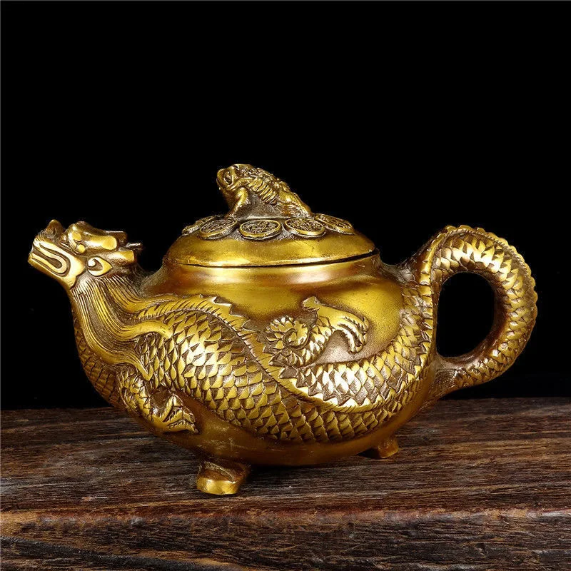 

Pure Brass Dragon Turtle Teapot Wealth Longevity Old Tea Pot Lucky Three-Legged Golden Toad Antique Copper Ornament Tea Set Kett