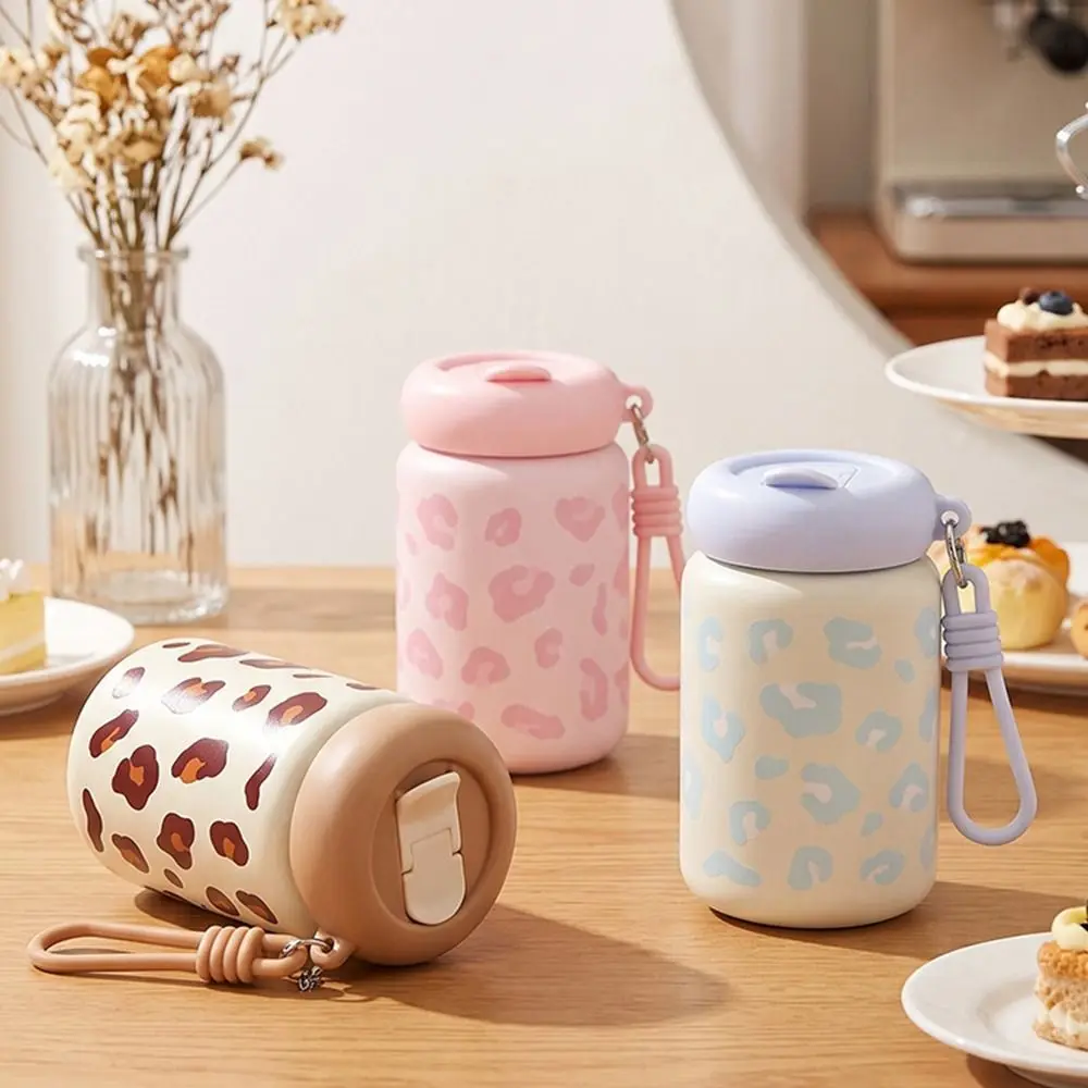 360ml Straw Thermos Cup Leopard Print Insulated Insulated Water Bottle with Lifting Rope Leak-Proof Drinking Water Cup