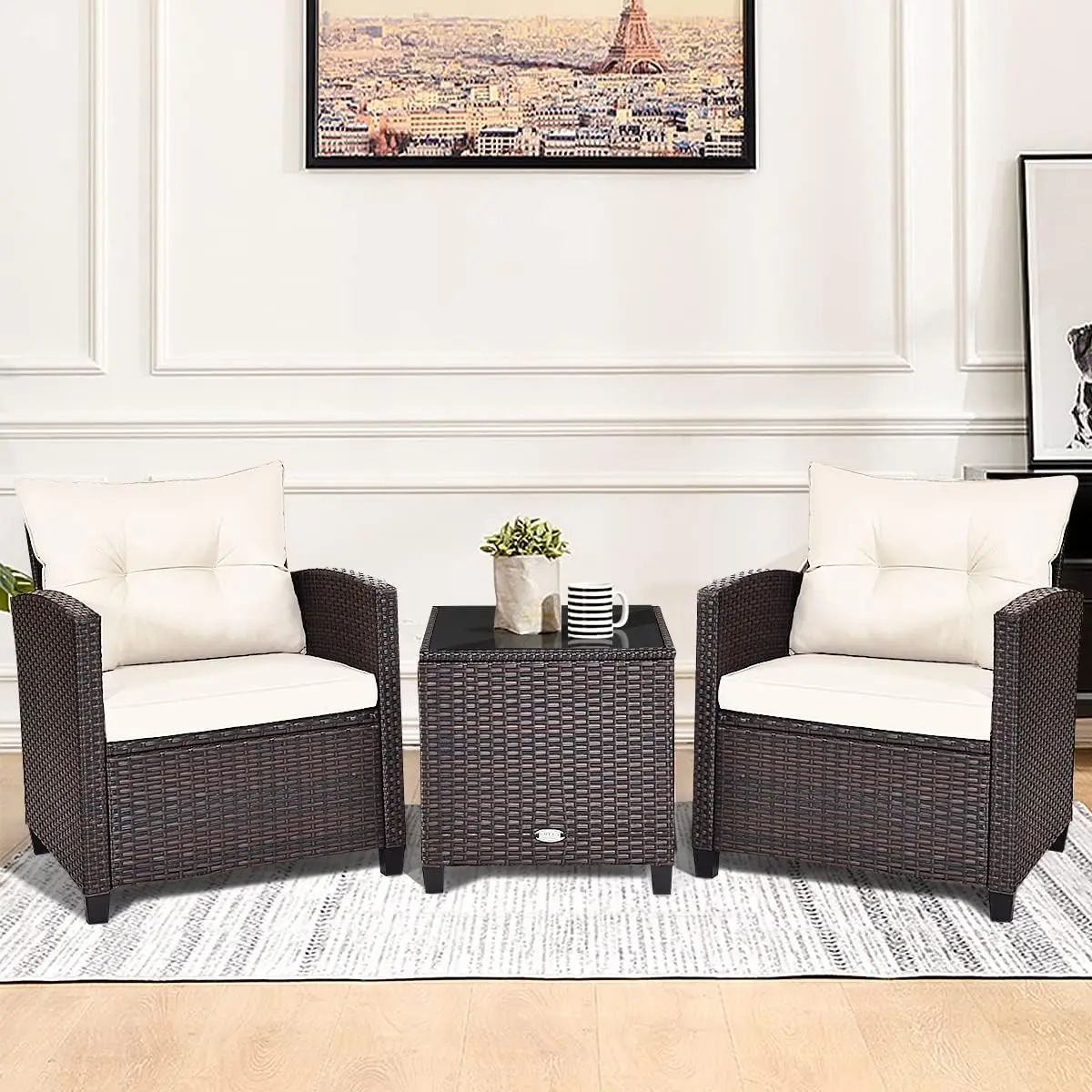 Juego de muebles de patio de 3 uds, sofá de mimbre PE con cojín lavable y mesa de centro, mesa de vidrio templado