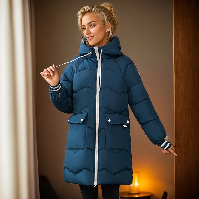 유럽과 미국의 패션과 아름다운 겨울 의류 중간 및 긴 면 패딩 의류 후드 루즈 자켓