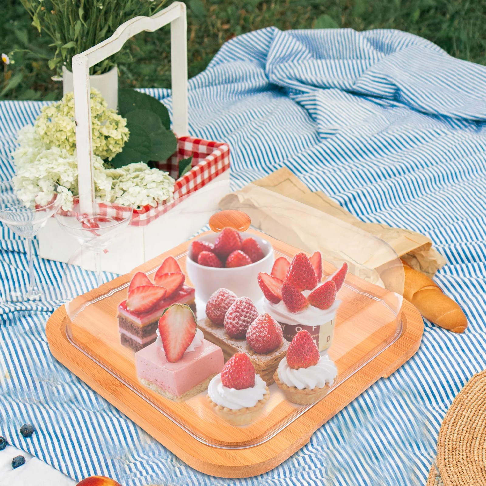 

1 Set Transparent Cake Tray With Lid Premium Bamboo Acrylic Dessert Plate Party Supplies Serving Tray For Wedding Household