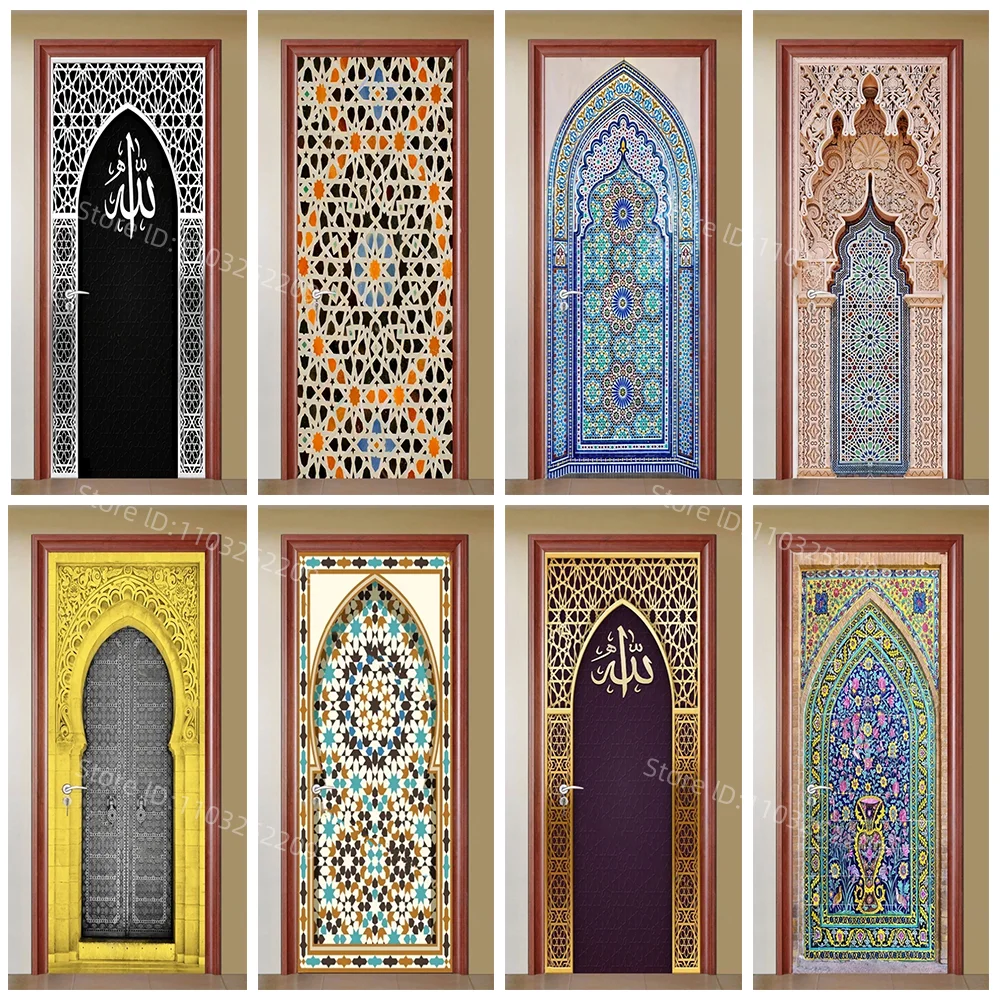 Geometric Traditional Islamic Orament Door Sticker Wallpaper 3D Removable Moroccan Tiles Wal Art Riad Door Wrapping Cover