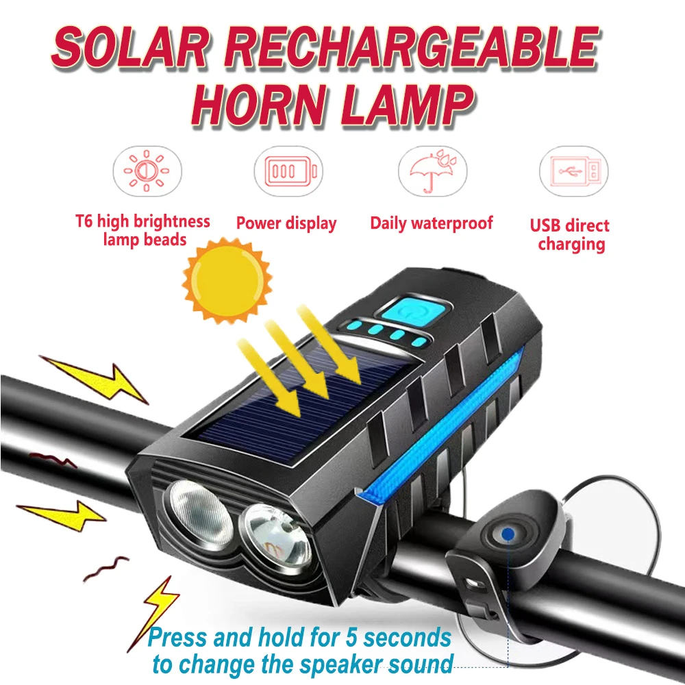 

MTB Solar Bike Light Headlight USB Dual Charging Mode Bicycle Led Lamp With Horn Cycling Light Flashlight Bicycle Accessories