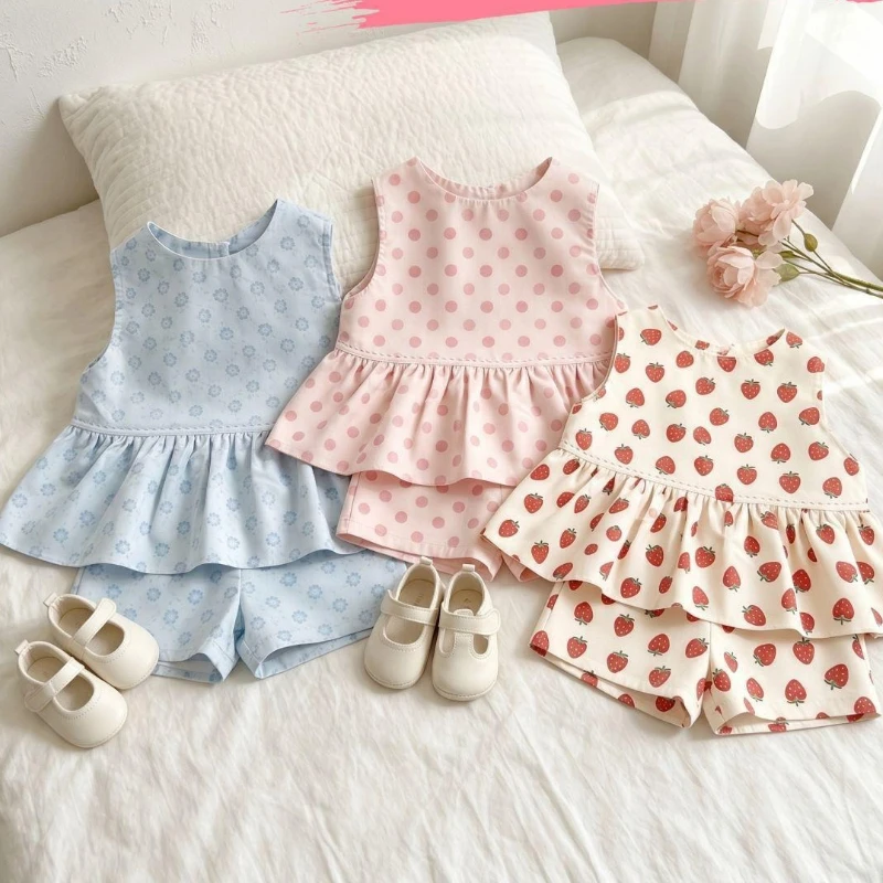 2026 Summer Hot Selling Girls' Strawberry Polka Dot Sleeveless Vest Top and Shorts Two-piece Set