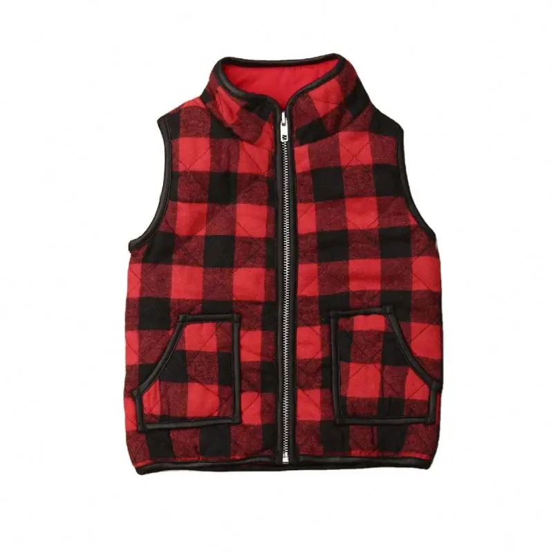 

Hot sale Winter Warm Waistcoat Vest Clothes Kids Puffer Quilted Pocket Gilet Coat girl Buffalo Plaid Zipper Jacket