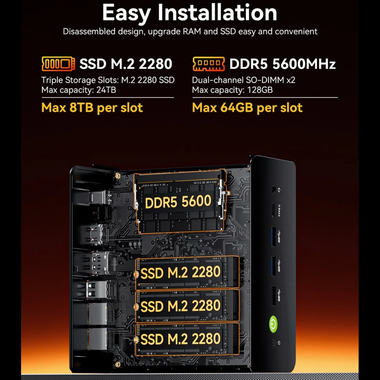 GMKtec K12 게이밍 미니 PC AMD Ryzen 7 H 255(업그레이드된 8745HS) 데스크탑 미니 컴퓨터 라데온 780M WiFi 6E/BT5.2, USB-C, 베어본 썸네일 5