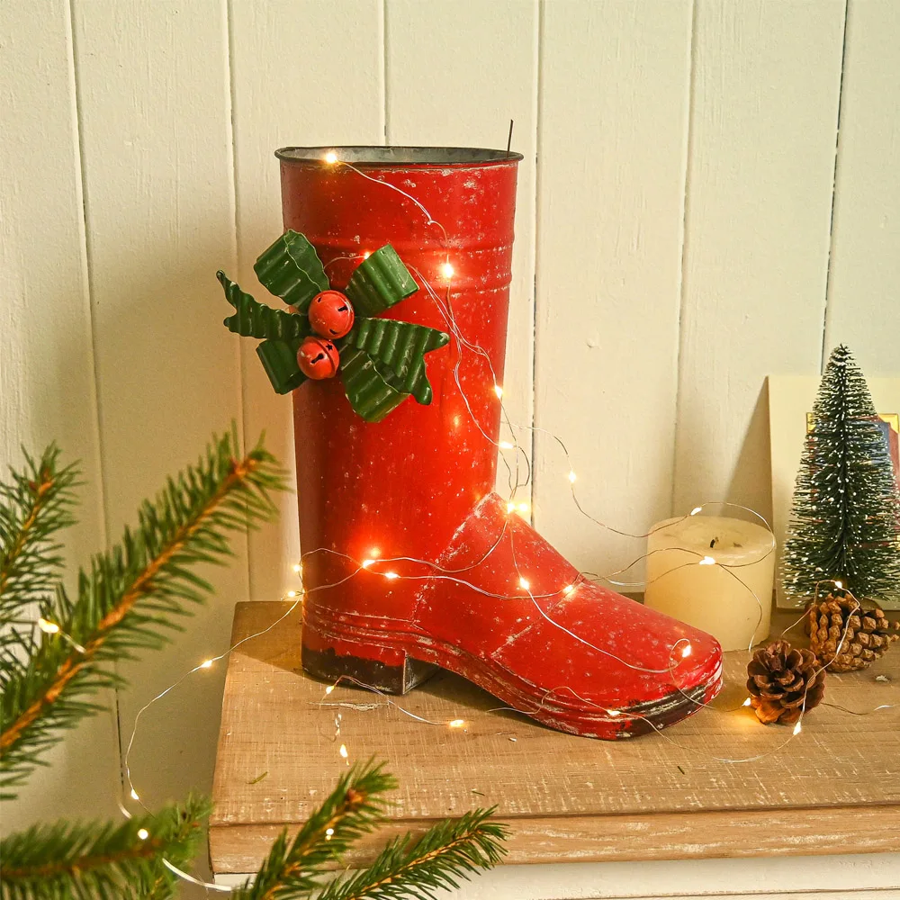 Outdoors Planters Flower Pots  Handmade Red Christmas Boots Metal Planters 2023 New Year Gift Party Decoration