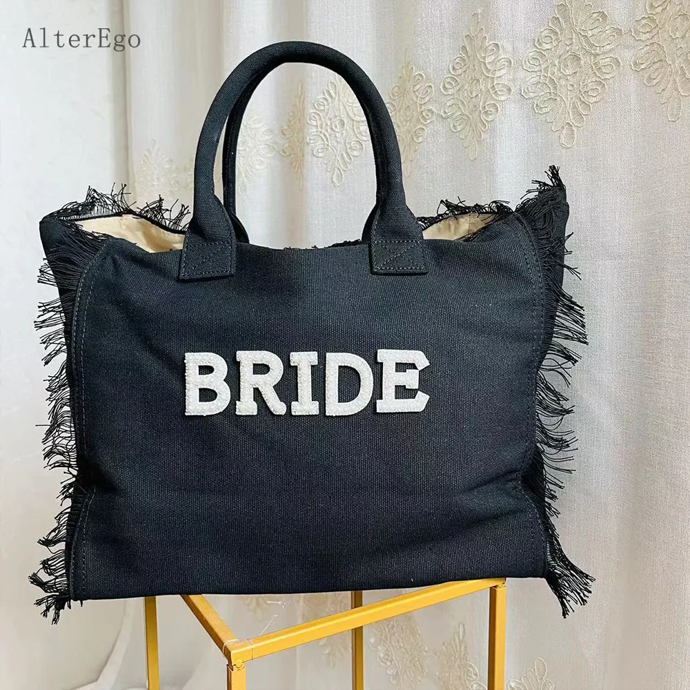 BRIDE Fringe Tote for Women\'s WIFEY Canvas Beige Tote Bag Rhinestones Letters Bride to be Black Canvas Travel Tote Bag Honeymoon