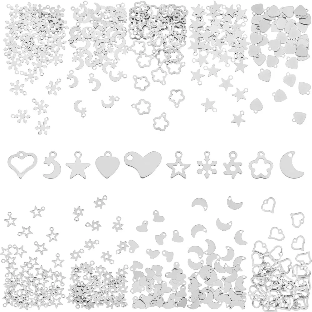 

400Pcs 10 Style Charms Pendants 201 Stainless Steel Heart, Star, Moon Pendants 1.2-1.6mm Hole Small Pendants Earring Dangle