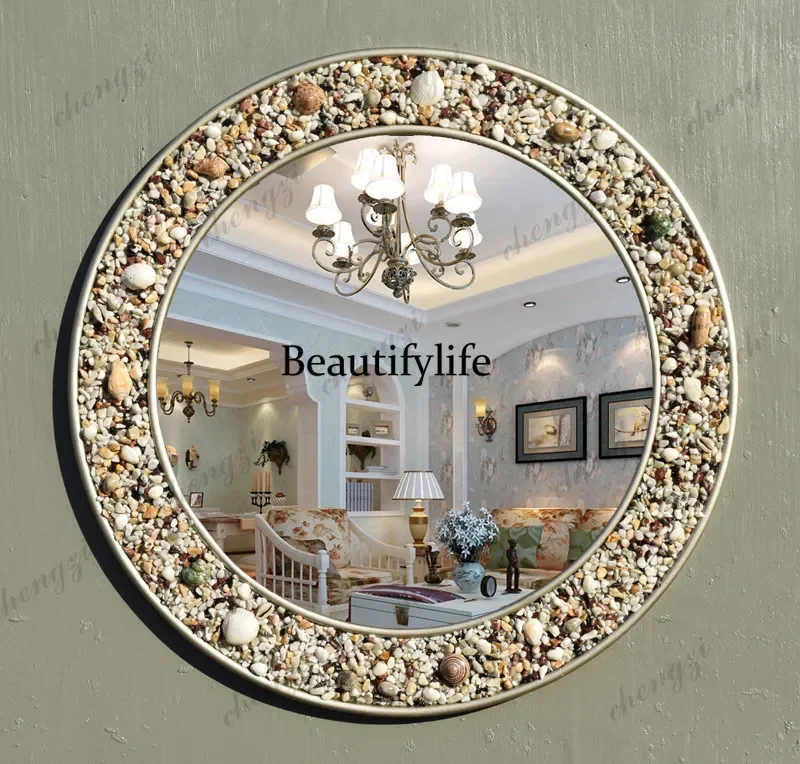 B456 New European Mediterranean style, natural colored stone shell inlaid with round washtable mirror