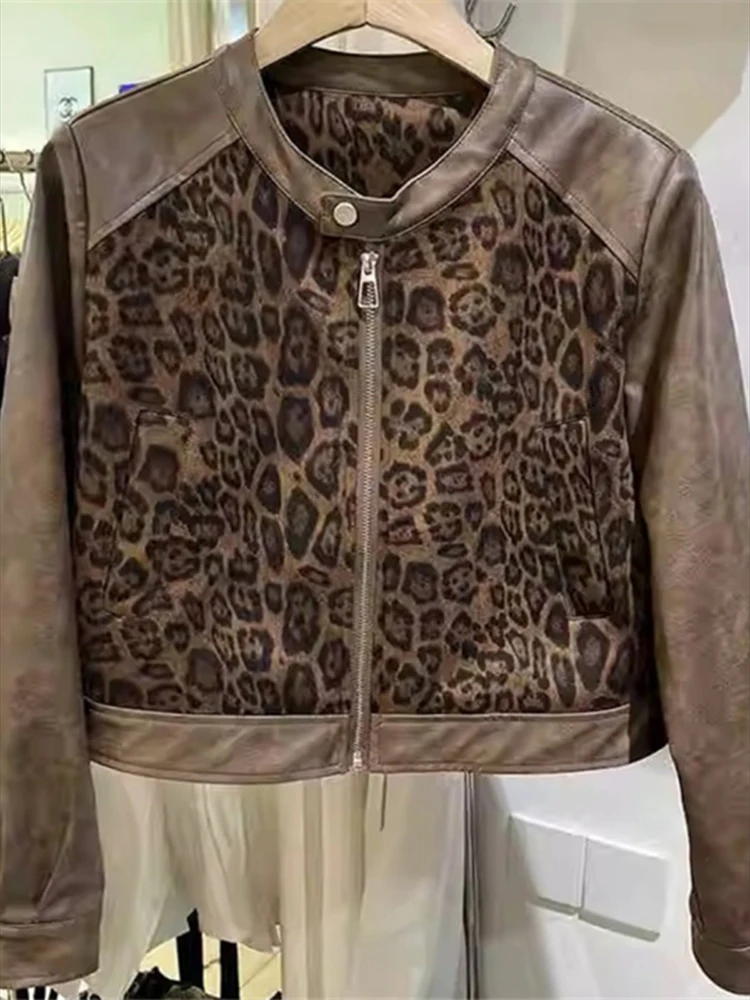 2025 Spring/Autumn American Retro Short Coats Stitching PU Leather Print Tops Women's Jacket Y2k Leopard Print Jackets