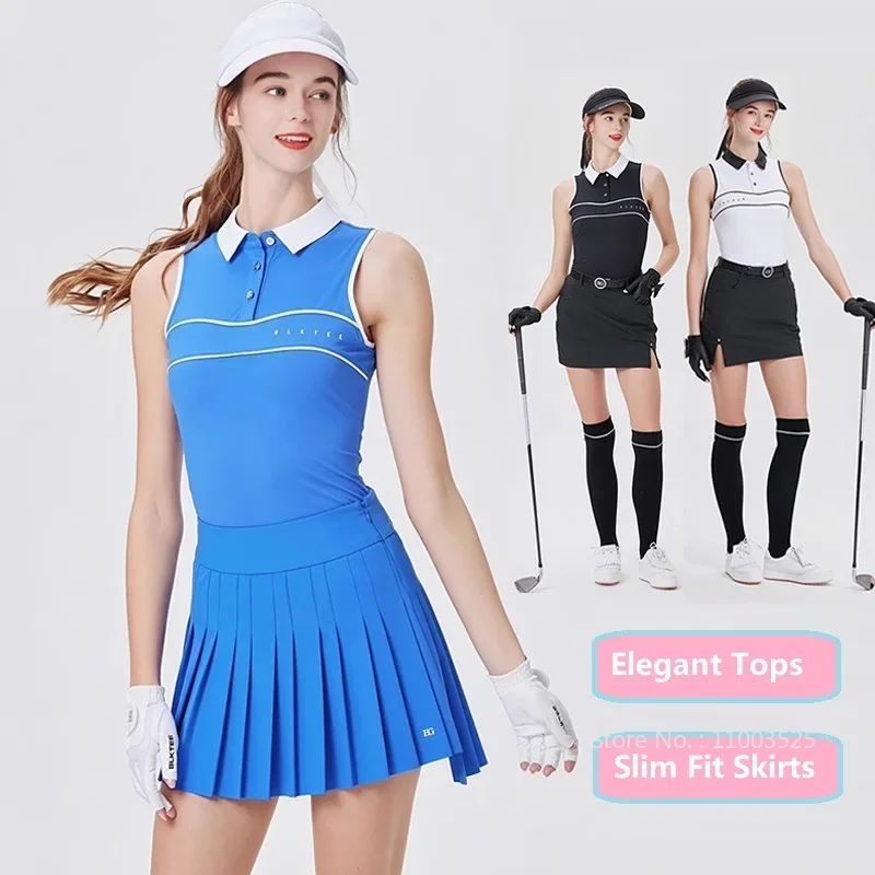 

Blktee New Style Women Golf Sleeveless T-shirt Fashion Breathable Sports Tank Tops Ladies Slim Pleated Skirt Split Skorts Suit