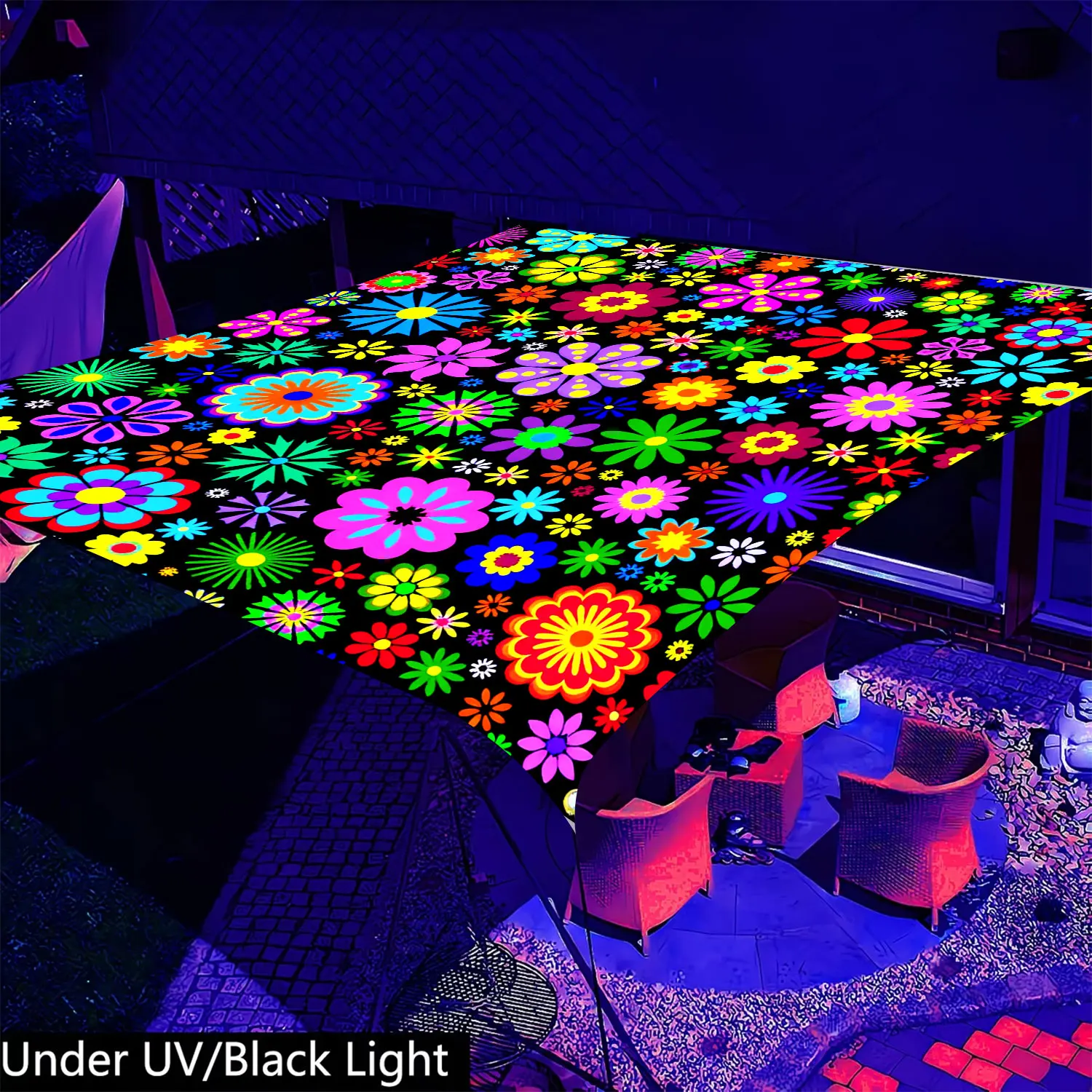 1 Piece Vibrant Luminous UV Floral Awning Featuring a Dense Psychedelic Pattern with Bold Silhouettes and Saturated Colors on