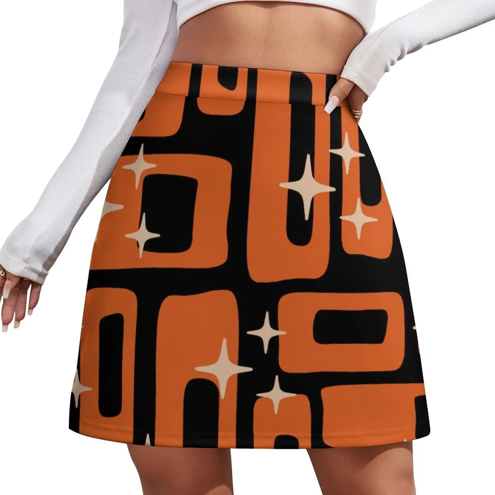Retro Mid Century Modern Abstract Pattern 189 Black Orange and Beige Mini Skirt Kawaii Summer dress Summer women's clothing