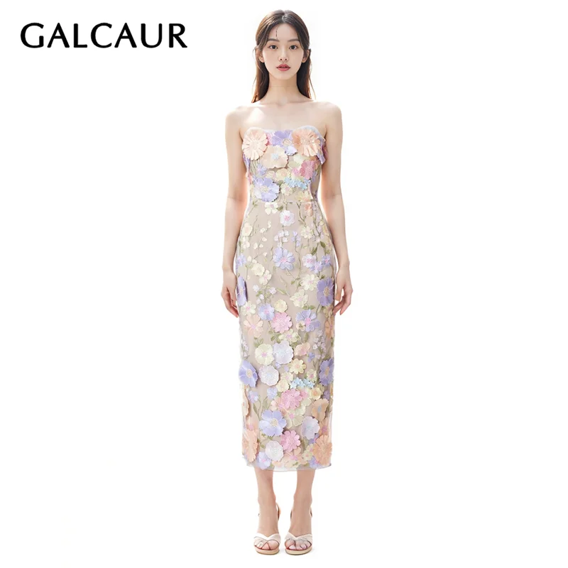 

GALCAUR Elegant Spliced Appliques Dress For Women Strapless Sleeveless Backless High Waist Slimming Mesh Maxi Dresses Female New