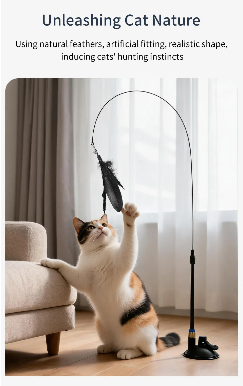 Katzenspielzeug mit Saugnapf, Katzenangel mit Glocke, Verlängerungsstab, Interaktives Federspielzeug für Katzen, Langlebiger Austauschbarer Federkopf – Detail 5