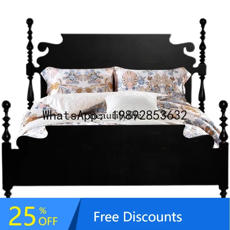 

FF American simple oak all solid wood bed old carved bedroom black white double bed