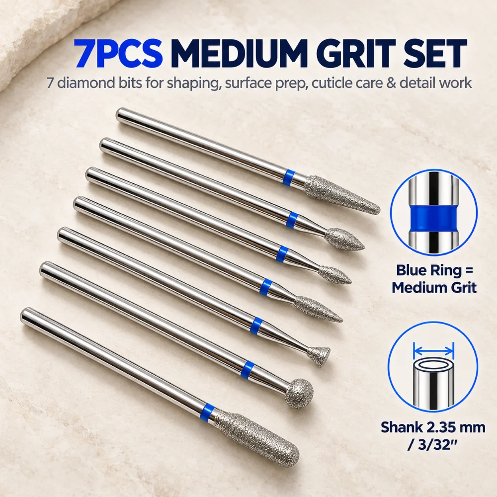 #600 Silicone Polisher 8PCS Nail Drill Bits Set 7 Medium Diamond E-File Bits for Cuticle Burrs Removal Milling Cutter Manicure