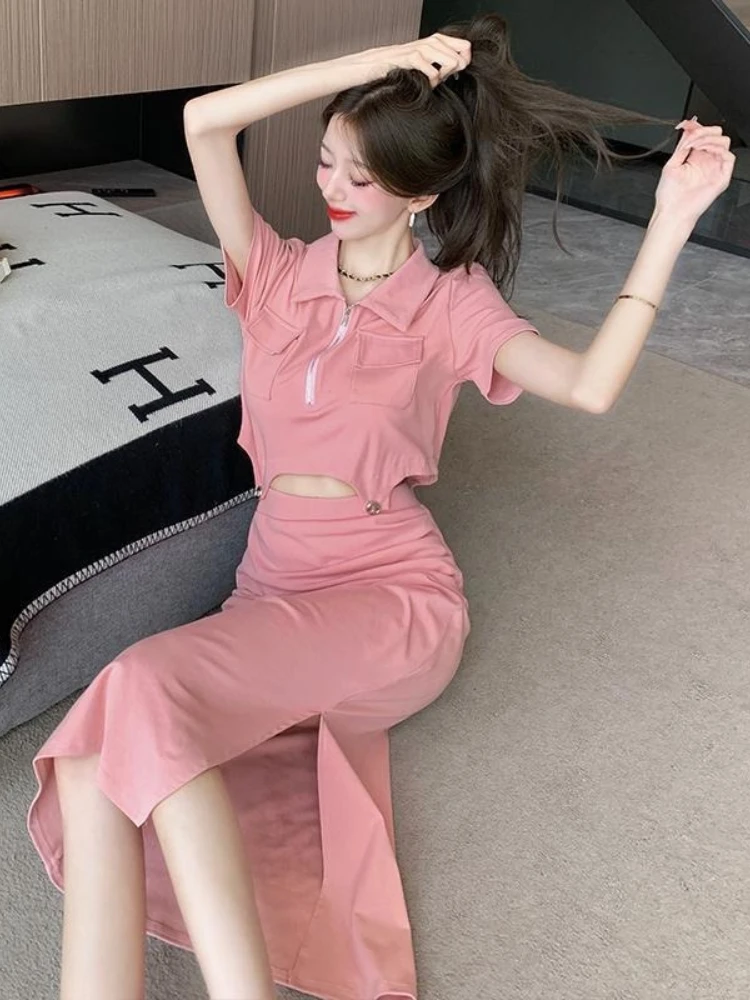 

Retro high-end sweet and cool two-piece set spicy girl slim fit trendy street style chic irregular top+split half skirt