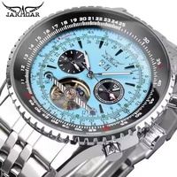 JARAGAR 034 Top Luxury Retro Blue Automatic Mechanical Watch Tourbillon Hollow Skeleton Stainless Steel Date Month Men's Watches