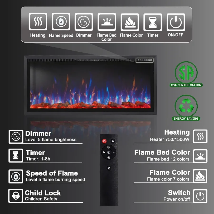 42 مدفأة كهربائية بإطار ألومنيوم ضيق للغاية وتصميم شاشة واسعة لغرف المعيشة الحديثة وغرف النوم المثبتة على الحائط