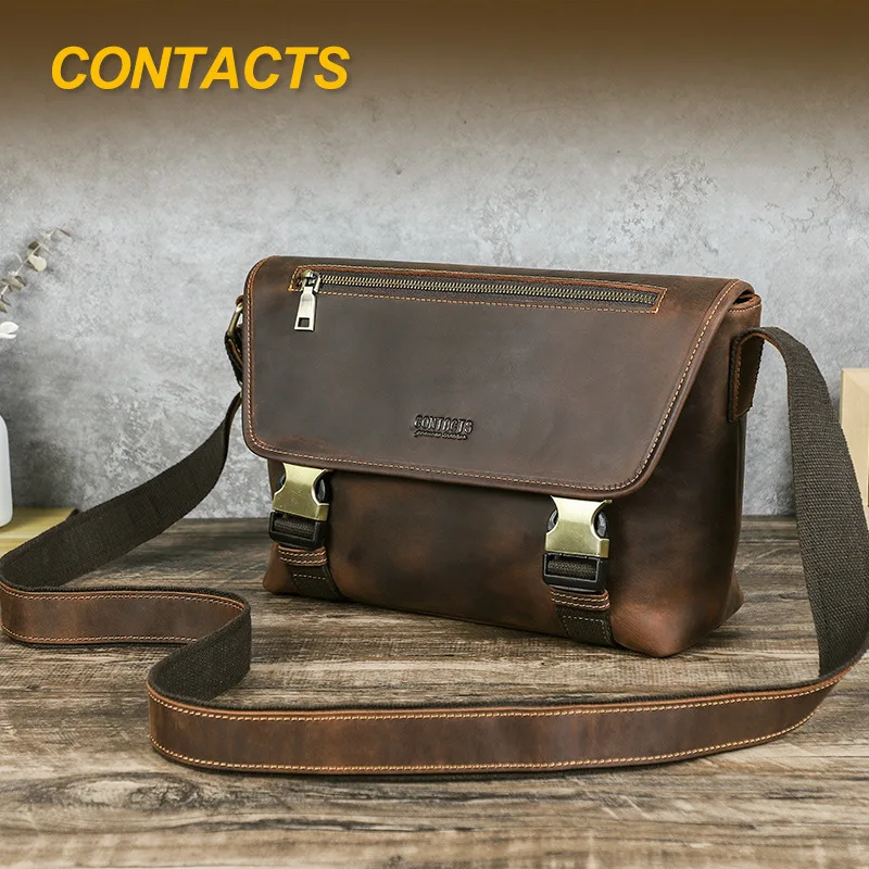 Retro Mad Horse Leather Men's Single Shoulder Slant Cross Bag Suitable for 17-Inch iPAD Flip Cover Buckle Genuine Men's Bag