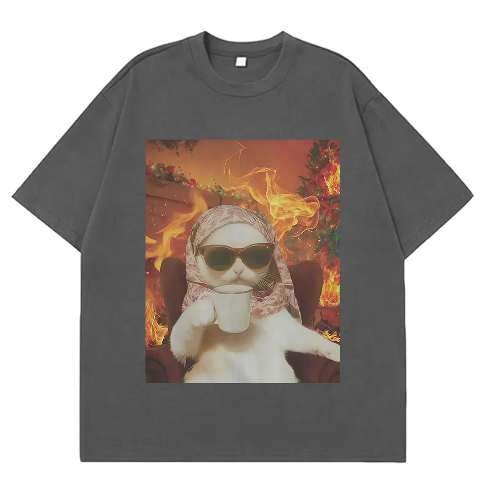 I Chill Cat Xmas Funny Cat Meme T-shirt Men Women Casual and Loose T-shirt Summer Cotton Hip-hop Aesthetic Fashion T-shirts Tops