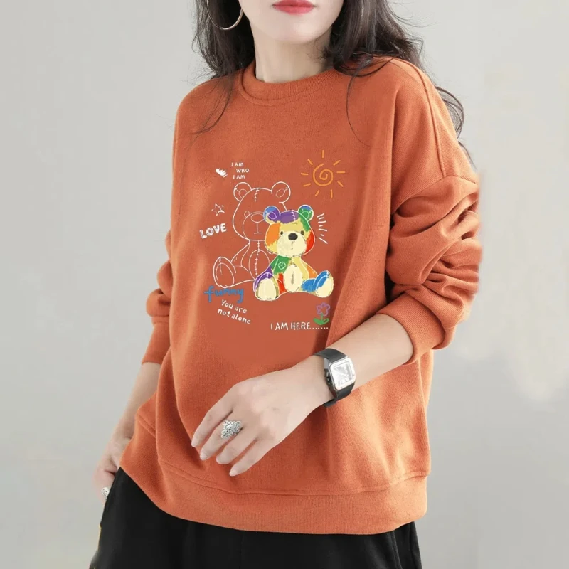 Pullover Letter Cartoon Printing Crew Neck Women\'s Clothing Hoodies Lantern Long Sleeve Loose Comfortable Spring Autumn Tops