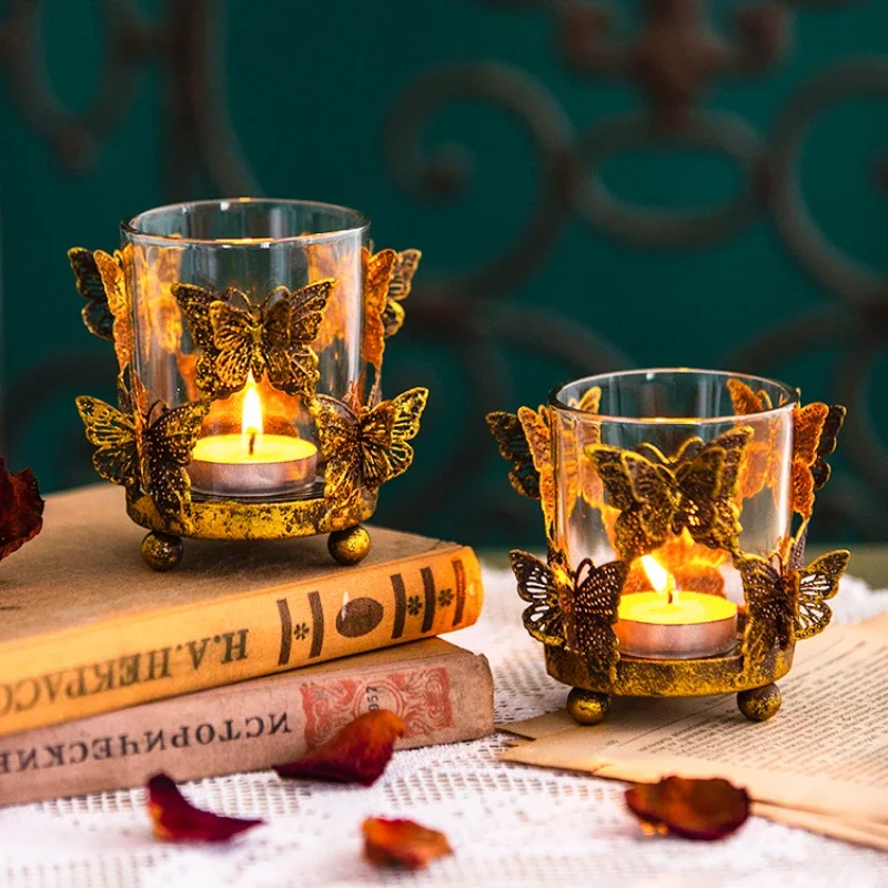 European Retro Butterfly Glass Candle Cup Light, Luxury Vintage Wedding Candle Holder Decoration, Home Aromatherapy Bottle