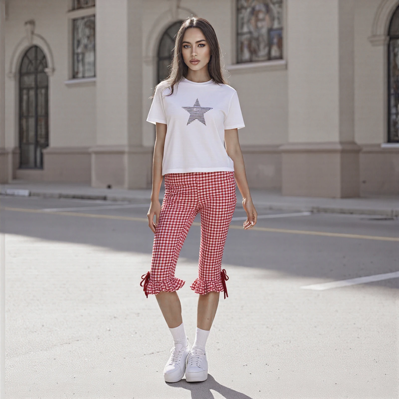 

Женские расклешенные леггинсы, капри, повседневные модные брюки в клетку 2025 года с милым бантом, укороченные брюки-клеш, модные брюки Bootcut