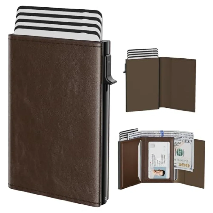

Mens Wallet Card Holder: Pop Up Aluminum Case, Genuine Leather, Smart, RFID Blocking, Slim, Minimalist, Front Pocket - 9-14 Car