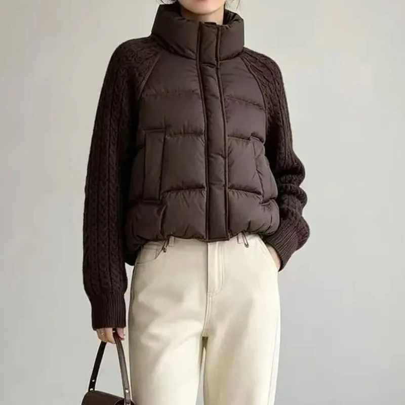 KUCLUT 2026 Winter New Fashion Knitted Patchwork Sleeve Short Cotton Jacket For Women Stand Collar Loose Short Coat 1A4295