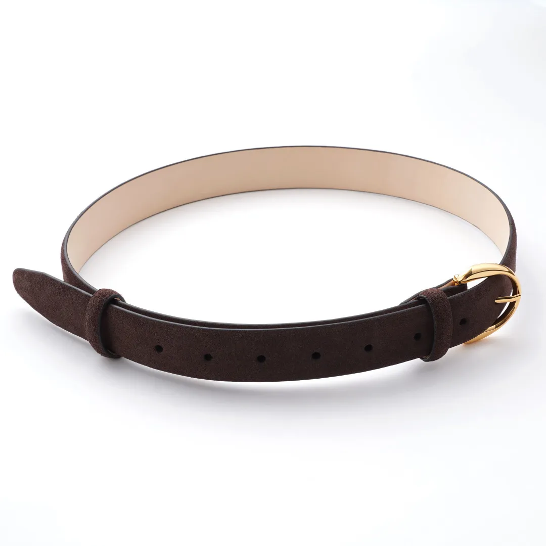 2026 Genuine Leather Belt with Solid Brass Buckle – Dark Brown Suede Finish Cowhide Waist Belt for Women
