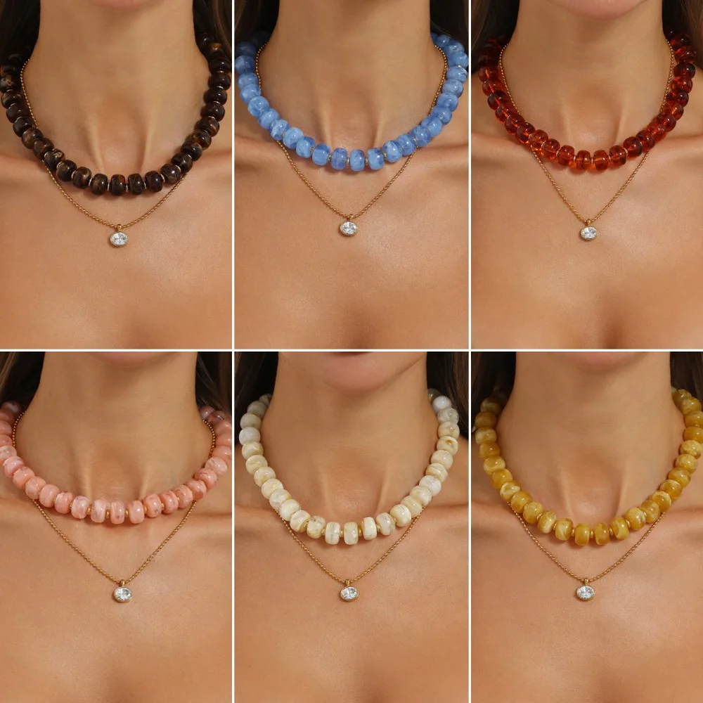 New 2pcs Set Colorful Swirl Resin Flat Beads Stainless Steel Zircon Pendant Double Layer Stack Choker Necklace for Women Jewelry
