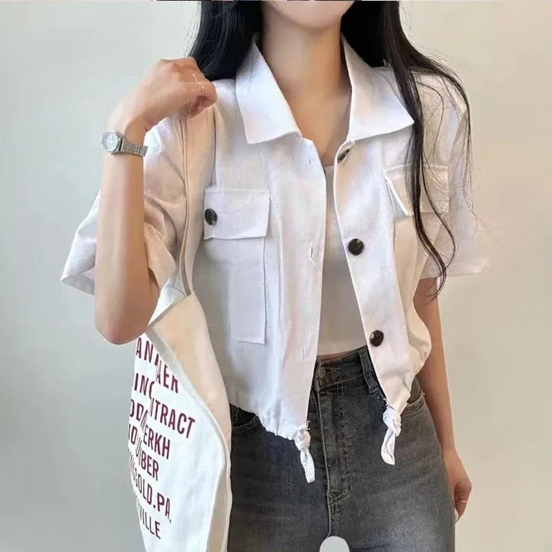 

Jacket Women T-shirt Short Coat Thin Chic Versatile Lapel Single-Breasted Waist Hugging Slimming Casual Design Short Sleeve Top