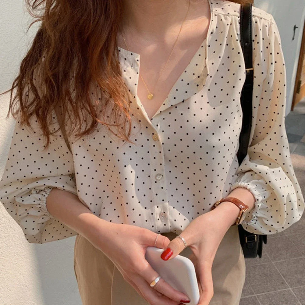 Chic-Retro Blouse Hepburn Style Lapel Contrast Color Polka Dot Design Loose Leisure All-Matching Long Sleeve Shirt For Women