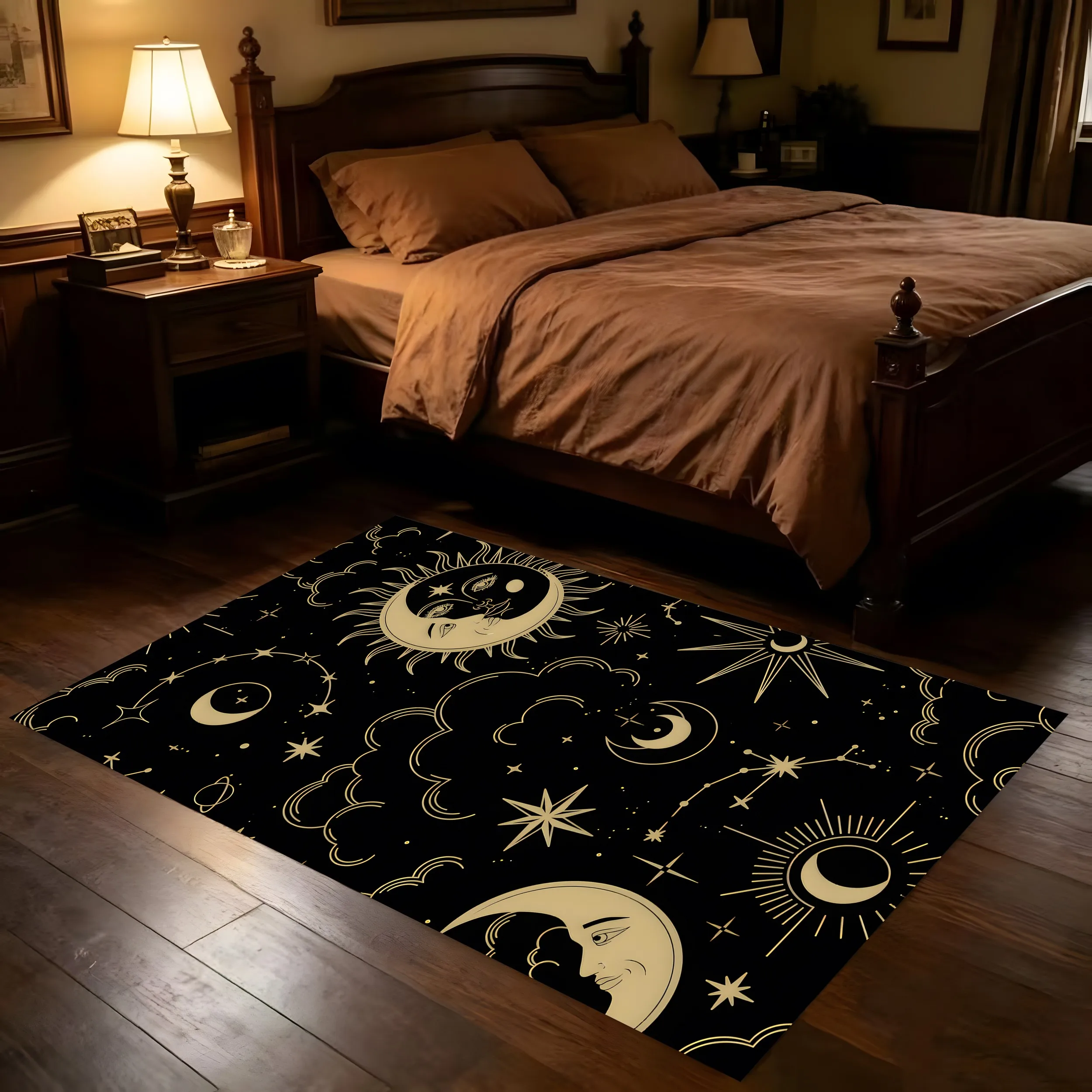Dark Gold Sun, Moon, Stars, and Cloud Patterns Create a Retro and Mysterious Halloween-Themed Velvet Rug Suitable for Bedrooms, Bedside Areas, Living Rooms, and Entryways, Adding a Unique and Sophisticated Dark Ambiance