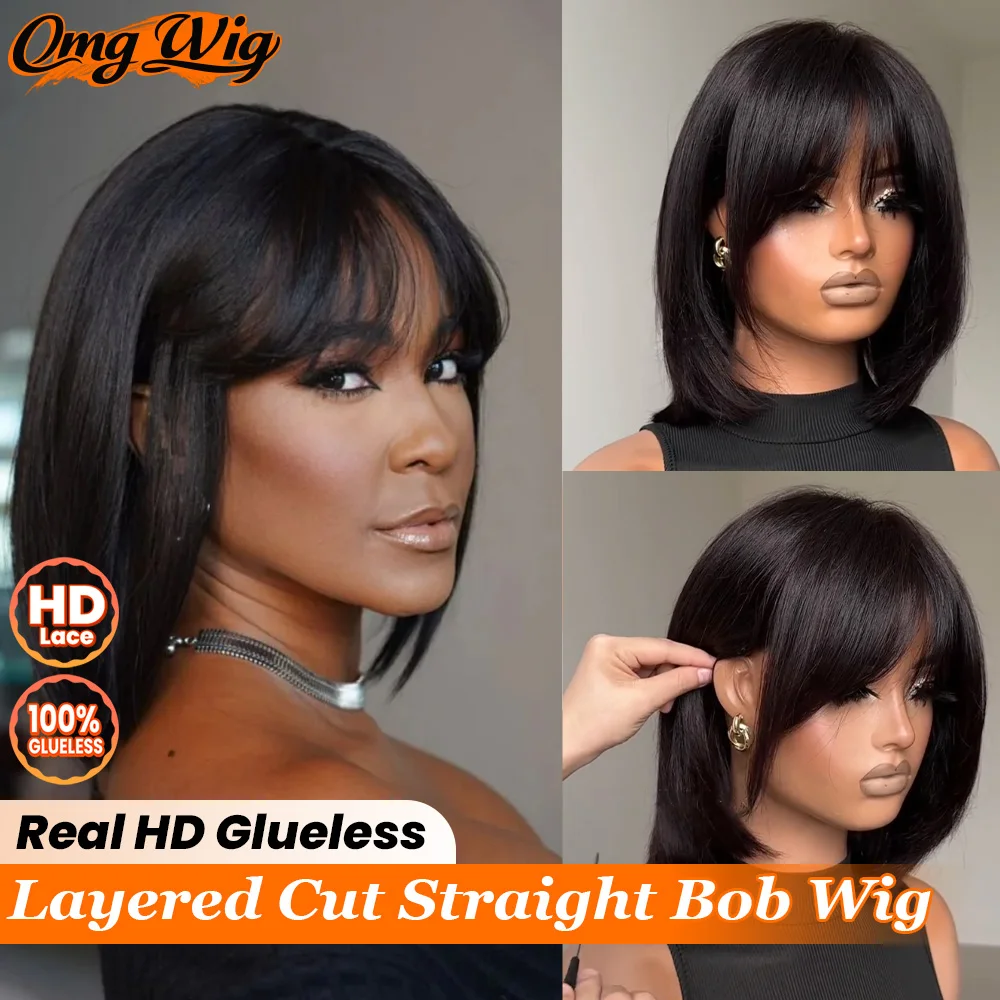 

7x5 Real HD Бесклеевой короткий парик с фронтальной частью лица, многослойная стрижка, прямой парик из человеческих волос 4x4/5x5 Wear & Go, прямой боб с челкой