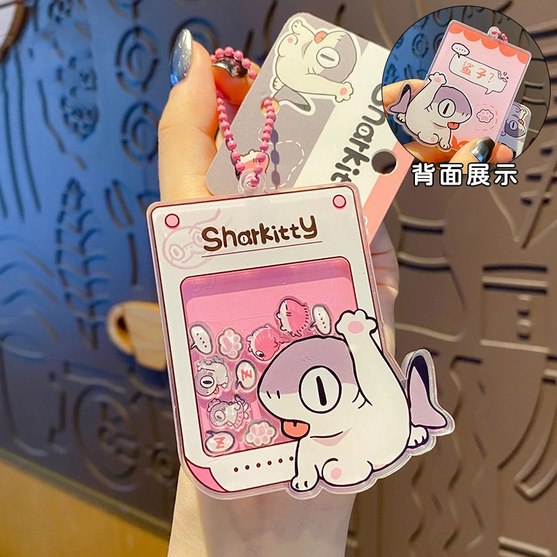 Cartoon Sharkcat Acrylic Shaker Orange Badass Shark Keychain Female Cute Fishbone Cat Paw Card Toy Doll Key Chain Bag Pendant